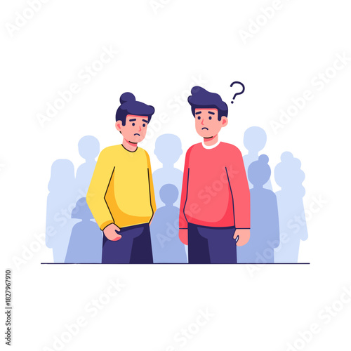 Confused teenager looking at friend amidst crowd of people  