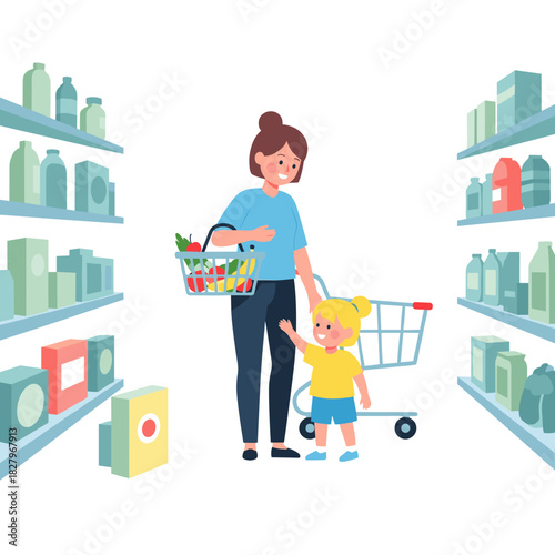 Woman shopping with child in supermarket aisle holding groceries  