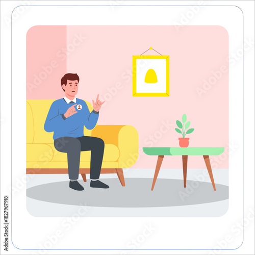 Deaf man communicating in sign language while sitting on a sofa at home  