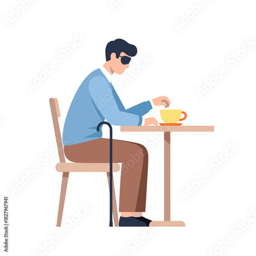 Blind man sitting at table with coffee and stirring in sunshine  