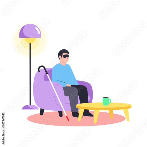 Blind man sitting on purple armchair at home with cane and cup  