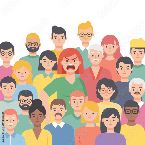 Angry woman in crowd of diverse people with varied expressions  