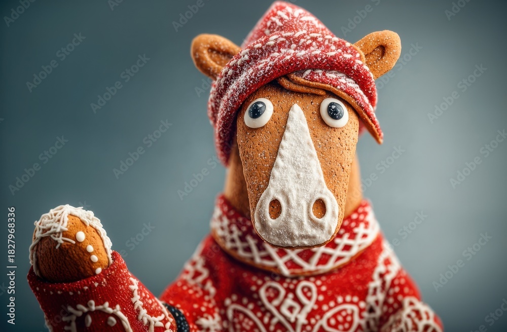 Fototapeta premium Charming Gingerbread Horse Wearing a Cozy Knitted Hat and Sweater on a Bright Blue Background
