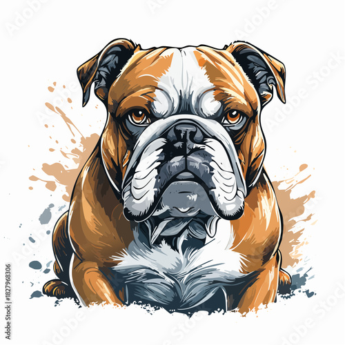 Bulldog head illustration with realistic fur and artistic splash background
