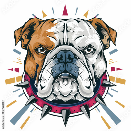 Bulldog head illustration with bold colors and spiked collar in artistic style
