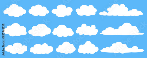 set of vector illustrations of clumpy clouds, cloud bubbles in flat style on a blue background	
