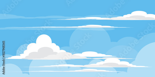 Illustration of a blue sky with white clouds in a flat style. Blue sky background and white clouds. Cartoon sky	