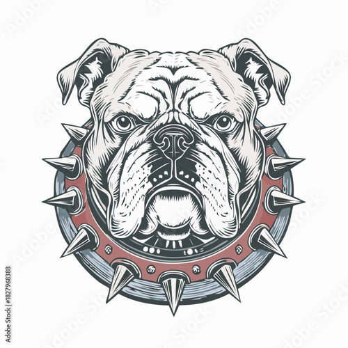 Bulldog head illustration in monochrome style with spiked collar
