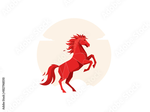 Red fire horse illustration symbolizing 2026 on beige circle stylized rearing red horse, minimal zodiac emblem conveying energy, courage and dynamic new year spirit
