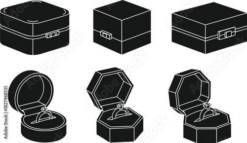 Black and White Monochrome Vector Illustration Set of Jewelry Ring Presentation Boxes for Luxury Engagement Proposal and Wedding Ceremony Accessories