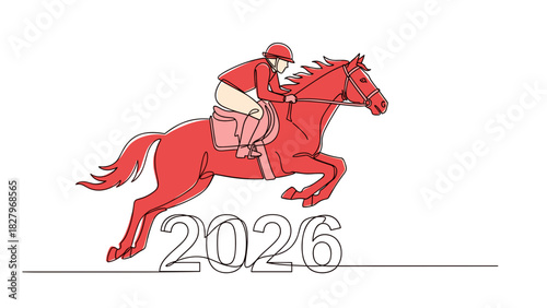 Red fire horse jockey racing over 2026 typography minimalist red horse with rider galloping above outlined 2026 digits, dynamic symbol of speed, sport and energetic new year