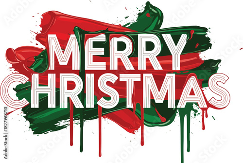 Modern Merry Christmas White Typography over Red and Green Paint Brush Strokes, Abstract Holiday Greeting Design, Artistic Paint Splatter Effect, Dynamic Festive Banner, Contemporary Art Style.