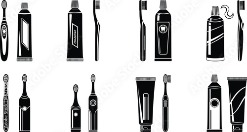 Black Silhouette Vector Illustration Set of Dental Care Tools Including Toothbrushes Toothpaste Tubes Manual and Electric Brushes for Oral Hygiene