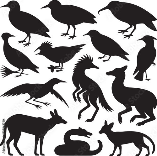 Silhouette vector set of diverse animals birds and mythical creatures