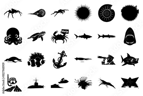 Marine Life and Nautical Objects Silhouettes Keywords: crab, spider, sea urchin, ammonite