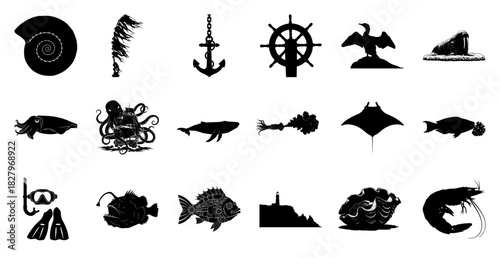 Marine Life and Nautical Symbols Silhouettes Keywords: ammonite, seaweed, anchor, ship wheel