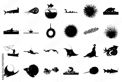 Marine Life and Ocean Scenes Silhouettes Keywords: shark, nautilus, goldfish bowl, loch ness