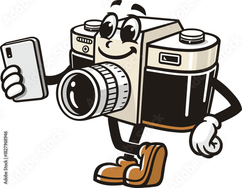 Camera mascot cartoon holding a gadget or smartphone