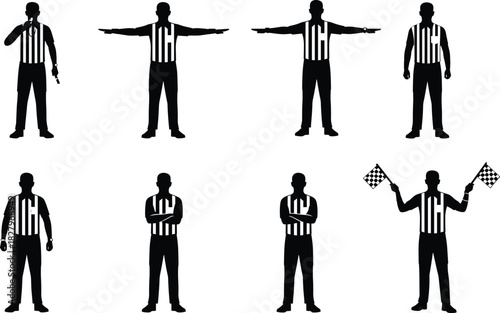 Black Silhouette Vector Illustration Set of Sports Referees Officials and Umpires in Different Poses with Signal Flags and Whistles for Games