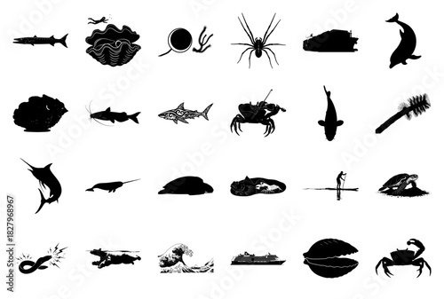 Marine Life, Nautical Vessels, and Nature Silhouettes Keywords: barracuda, diver, clam