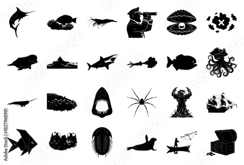 Nautical and Marine Silhouettes with Pirate Elements Keywords: marlin, fish, coral, shrimp