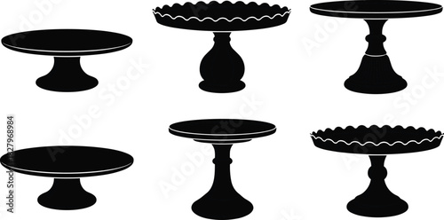 Black Silhouette Vector Illustration Set of Vintage Cake Stands and Dessert Pedestal Platters for Wedding Party Celebration Food Presentation Accessories