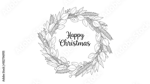 A black and white Christmas wreath with the words Happy Christmas in the center.