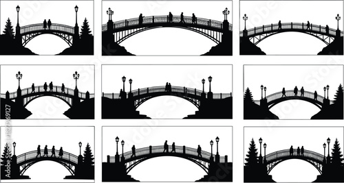 Black Silhouette Vector Set of Classic Arched Bridges with People Walking Lampposts and Nature Trees Illustrating Park Architecture and Romance