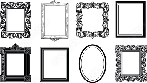 Black Silhouette Vector Set of Antique Frames with Baroque and Vintage Ornate Carving Details Including Rectangular and Oval Shapes for Design