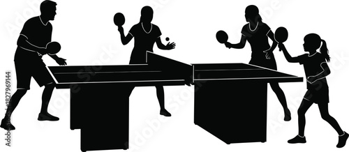Table tennis game with four players silhouette illustration