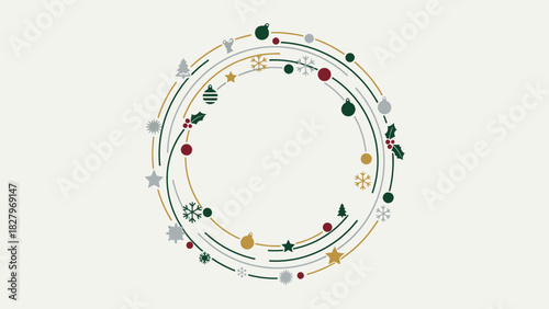 A circular arrangement of festive Christmas icons and swirling lines on a light background.