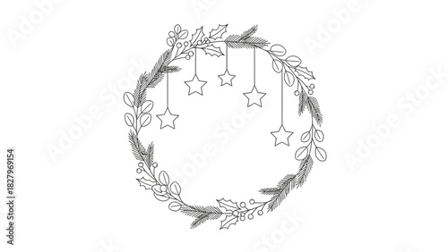 Hand-drawn Christmas wreath with stars, fir branches, and leaves.