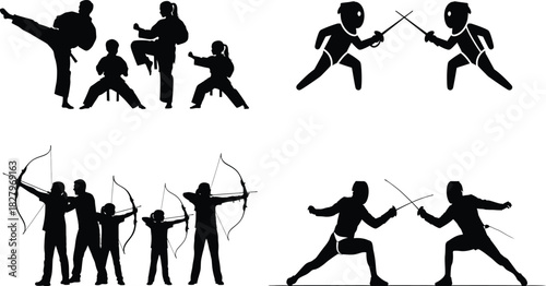 Silhouettes of martial arts and archery activities