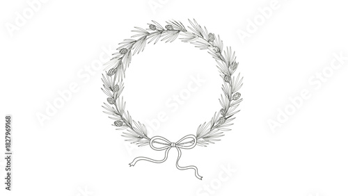 Detailed grayscale illustration of a festive wreath made of pine branches with small cones and a decorative bow.