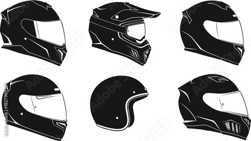 Black Silhouette Vector Set of Modern Motorcycle Helmets Including Full-Face Off-Road Motocross and Vintage Open-Face for Rider Safety Gear