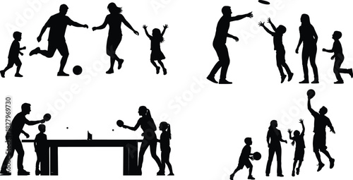Silhouette family activities sports recreation games various poses