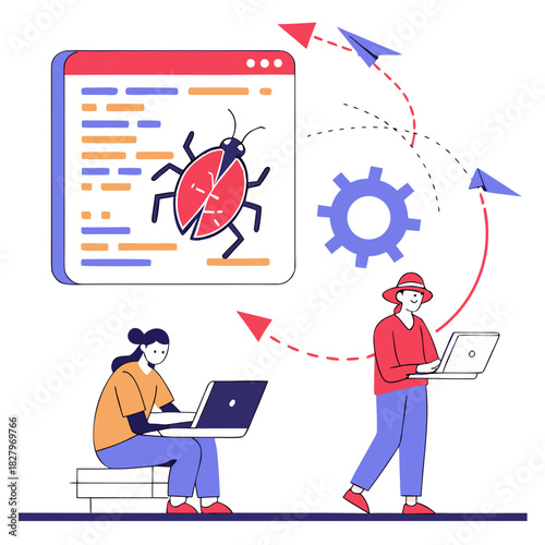 Isometric illustration of software debugging process with developers and bug icon

