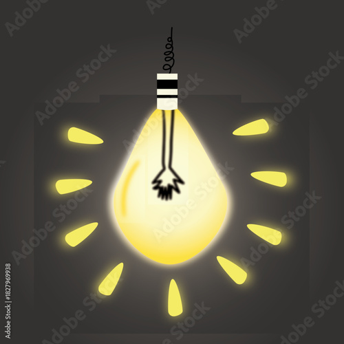 light bulb in the dark, A minimal-style illustration of a glowing yellow light bulb in a dark background, radiating light and symbolizing creativity and inspiration, ideal for media and design project