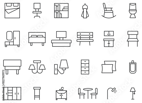 Set of home furniture icon. Modern thin line style of furniture. Furniture related icons sofa table, chair, mattress, bedroom, lamps, ladder and more.  Decorative and lighting elements. Vector 