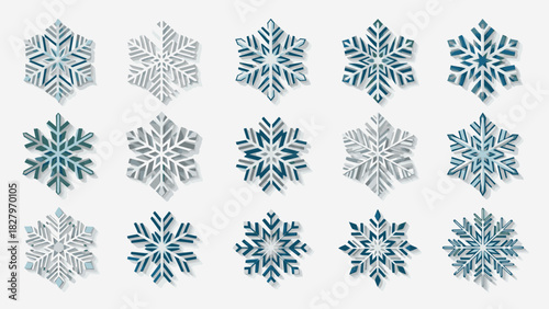 A collection of fifteen intricate blue and silver paper-cut style snowflakes on a light background.