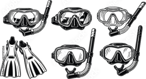 Vintage Engraving Style Vector Illustration Set of Snorkeling and Scuba Diving Equipment Including Dive Mask Snorkel Tube and Flippers Fins