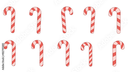 A collection of ten red and white striped candy canes arranged in two rows on a white background.