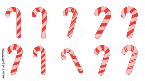 A collection of ten classic red and white striped candy canes arranged on a plain white background.