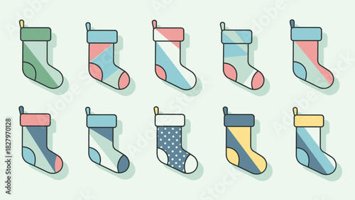 Ten colorful Christmas stockings with different patterns and colors.