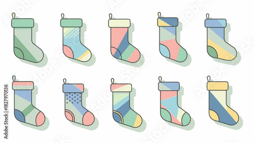 A collection of ten Christmas stockings with various modern geometric patterns and pastel colors, isolated on a white background.