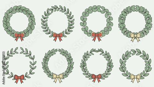A collection of eight hand-drawn green laurel wreaths with red and yellow bows on a light background.