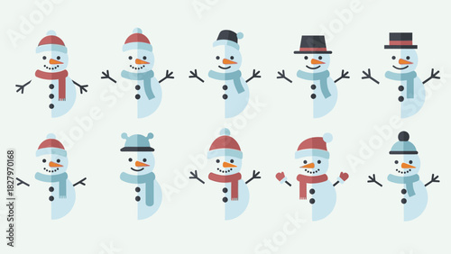 Collection of ten cartoon snowmen with different hats, scarves, and accessories, smiling cheerfully.