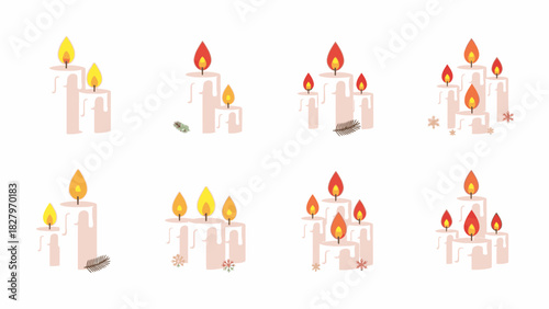 A collection of eight illustrations depicting various arrangements of burning candles with dripping wax.