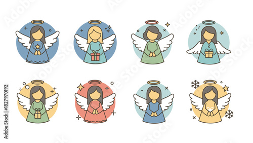 A collection of eight adorable cartoon Christmas angel icons, featuring female figures with wings and halos in colorful circular frames.