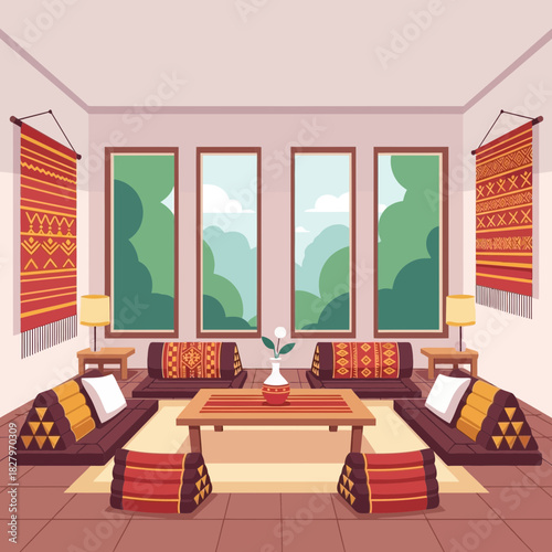Cozy Asian-Inspired Living Room with Floor Seating and Traditional Textiles